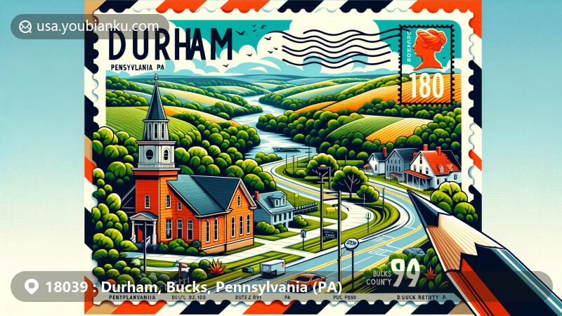Modern illustration of Durham, Bucks County, Pennsylvania (PA), showcasing scenic view with Pennsylvania Route 212 and Durham Road, incorporating postal theme with mail envelope, Bucks County stamp, and ZIP Code 18039.