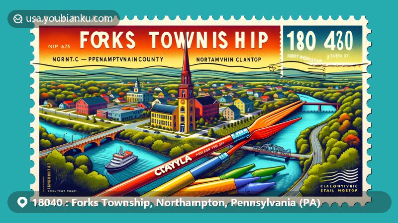 Modern illustration of Forks Township, Northampton County, Pennsylvania, showcasing features like Delaware River, PA-611 highway, and Crayola headquarters, blending residential and natural landscapes with postal theme and ZIP code 18040.