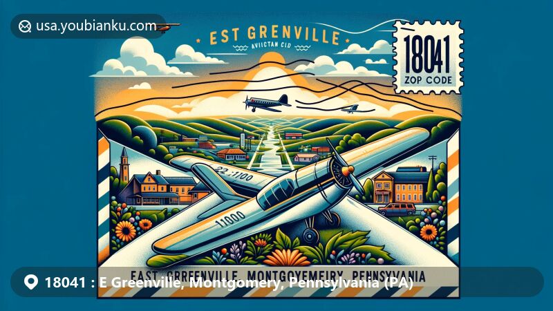 Modern illustration of E Greenville, Montgomery County, Pennsylvania, showcasing postal theme with ZIP code 18041, featuring aviation envelope with postage stamp, postmark, and serene landscapes. Reflecting community spirit and charm through depictions of small-town life and possibly a notable landmark. Subtle integration of Pennsylvania state flag colors.