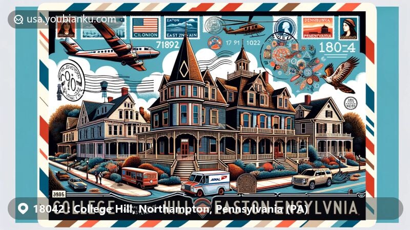 Modern illustration of College Hill, Northampton County, Pennsylvania, showcasing unique architectural and cultural heritage with Victorian Queen Anne, Colonial Revival, and other styles, along with Lenape Nation Cultural Center and postal elements.