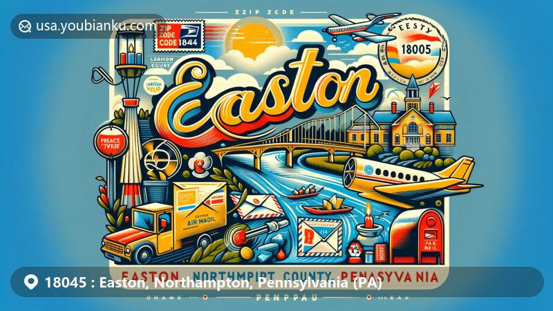 Modern illustration of Easton, Northampton County, Pennsylvania, showcasing local landmarks like the Lehigh and Delaware Rivers, Peace Candle, and Crayola Experience, with vintage postal elements and ZIP Code 18045.