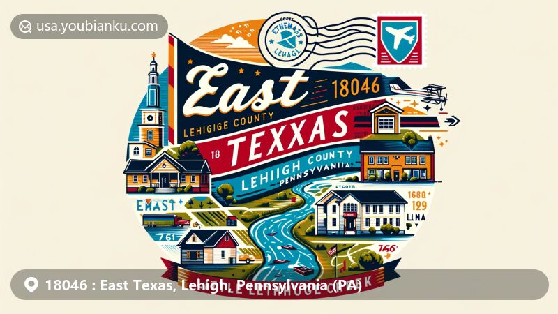 Modern illustration of East Texas, Lehigh County, Pennsylvania, featuring postal theme with ZIP code 18046, incorporating elements like postcard, air mail envelope, stamps, and postmark, highlighting Little Lehigh Creek and local schools.