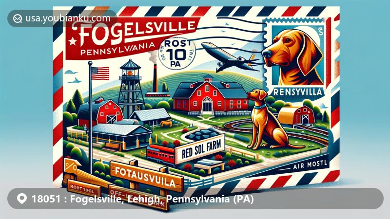 Modern illustration of Fogelsville, Pennsylvania, with Red Sol Farm and Route 100 Off-Leash Dog Park, reflecting community's nature connection and historical depth.
