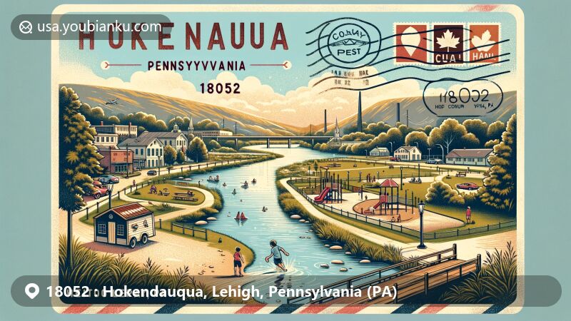 Modern illustration of Hokendauqua, Pennsylvania, in Lehigh County, showcasing postal theme with ZIP code 18052, featuring Hokendauqua Park, Lehigh River, and Coplay Creek.
