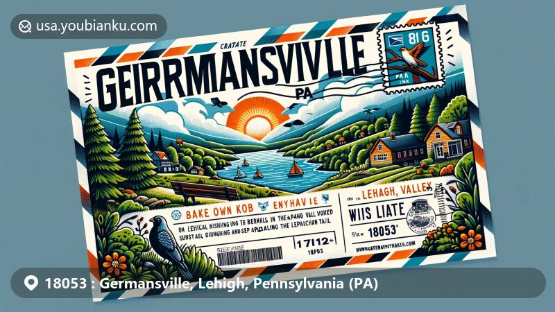Modern illustration of Germansville, Pennsylvania, showcasing natural landscapes with Bake Oven Knob on the Appalachian Trail, offering bird watching and stunning views of the Lehigh Valley, featuring elements of Pennsylvania and postal theme with ZIP code 18053.