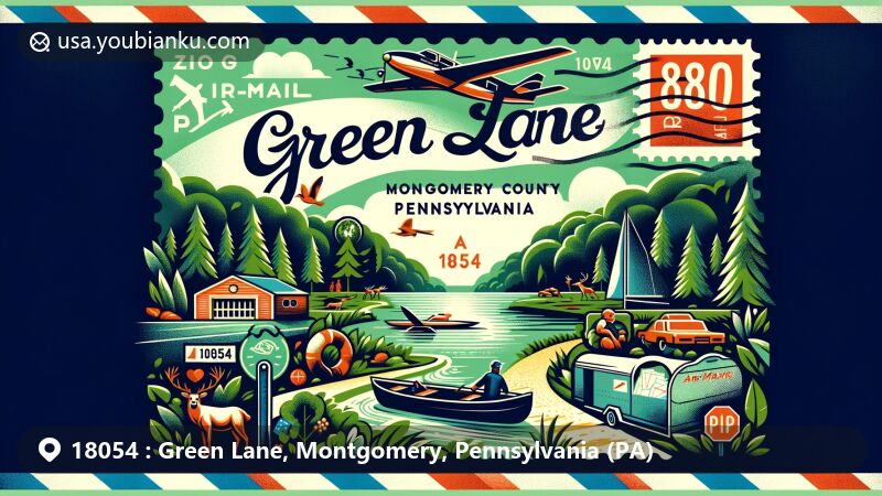 Modern illustration of Green Lane, Montgomery County, Pennsylvania, capturing the essence of ZIP code 18054 with vibrant colors, showcasing Green Lane Park's natural beauty and outdoor activities.