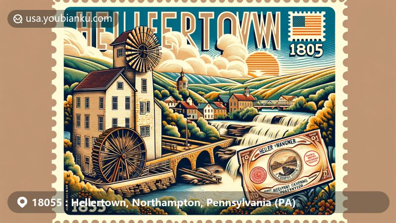 Modern illustration of Hellertown, Northampton County, Pennsylvania, featuring Heller-Wagner Grist Mill amidst picturesque landscapes and Lost River Caverns, highlighting ZIP code 18055 and postal elements.