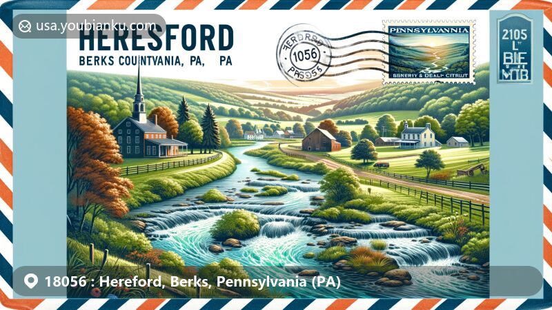 Modern illustration of Hereford, Berks County, Pennsylvania, featuring Perkiomen Creek, John Gehman Farm, and Hunters Mill Historic District, overlaid on an air mail envelope with postal elements and Pennsylvania state flag.
