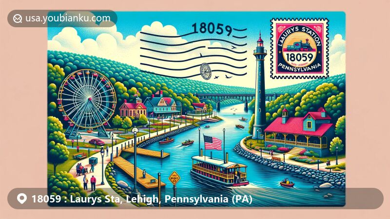 Vibrant illustration of ZIP Code 18059 in Laurys Station, Lehigh County, Pennsylvania, featuring Lehigh River, Laurys Firehouse Park, and historical amusement park elements. Modern postcard design with vintage postage stamp, postal mark, and mailbox.