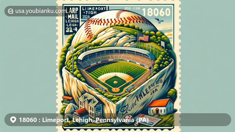 Modern illustration of Limeport, Lehigh County, Pennsylvania, highlighting iconic Limeport Stadium and postal theme with ZIP code 18060, surrounded by lush green landscape.