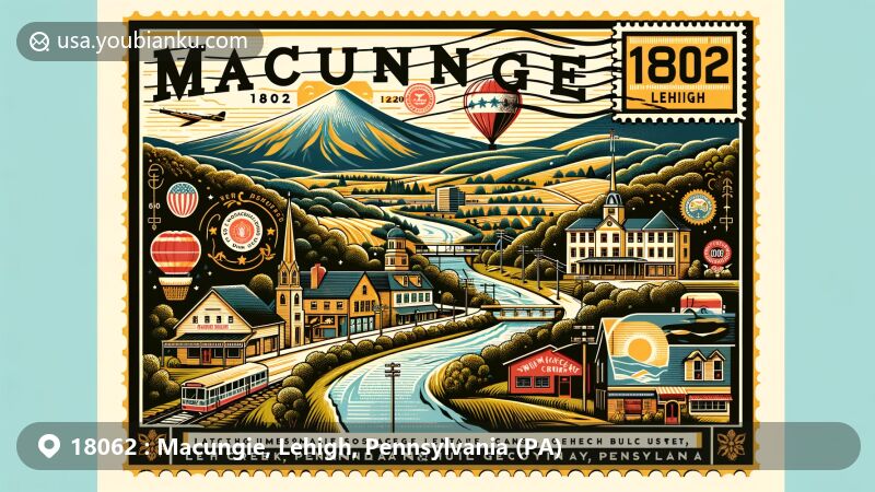 Modern illustration of Macungie, Lehigh County, Pennsylvania, capturing the essence of ZIP code 18062 with local landmarks and culture, featuring Bear Creek Mountain Resort and symbols of Pennsylvania German heritage.