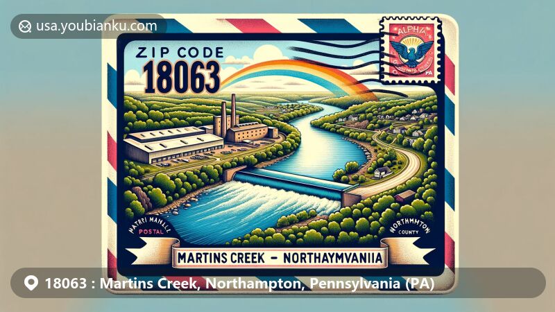 Vintage-style air mail envelope illustration for Martins Creek, Northampton, Pennsylvania, showcasing postal heritage with artistic depiction of creek, Northampton County outline, Alpha Portland Cement plant, and double rainbow over Minsi Lake.