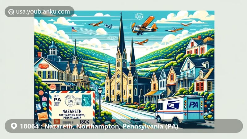 Modern illustration of Nazareth, Northampton County, Pennsylvania, blending Moravian architecture and hilly landscapes with postal elements like airmail envelope, postage stamps, and postal truck.