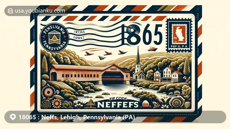 Modern illustration of Neffs, Lehigh County, Pennsylvania, highlighting ZIP code 18065 with a vibrant airmail envelope theme, showcasing Schlicher Covered Bridge and local landmarks.