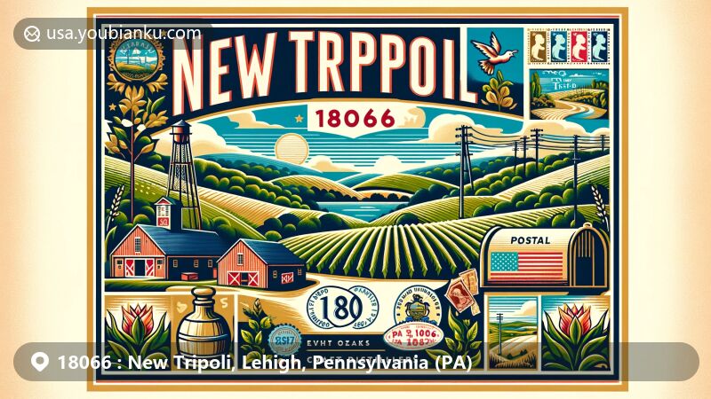 Modern illustration of New Tripoli, Pennsylvania, showcasing rolling green hills, farmlands, landmarks like Eight Oaks Craft Distillers and Blue Mountain Vineyards, reflecting agricultural backbone and PA Dutch heritage, with vintage postal elements including stamps, postmarks ('New Tripoli, PA 18066'), and images of agriculture and local culture, featuring Pennsylvania state flag.