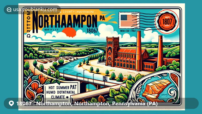 Modern illustration of Northampton, Northampton County, Pennsylvania (PA), depicting a postcard-inspired design with an aerial view showcasing the Atlas Cement Memorial Museum, emblematic of the area's cement industry heritage and local climate, featuring a postal stamp with 'Northampton, PA 18067'