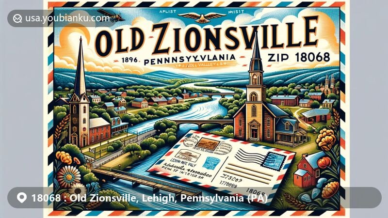 Modern illustration of Old Zionsville, Lehigh, Pennsylvania, showcasing postal theme with ZIP code 18068, featuring Kings Highway, local churches, Lehigh River, Perkiomen Creek, and Lehigh Valley landscape.