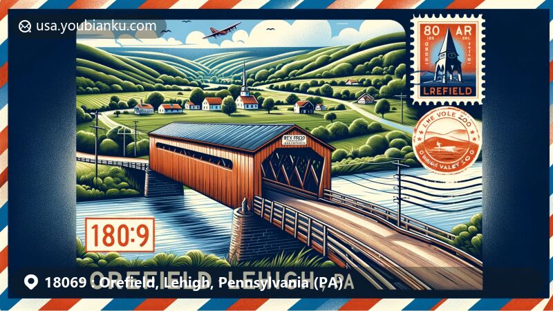 Modern illustration of Orefield area, Lehigh County, Pennsylvania, featuring iconic Rex Covered Bridge and Lehigh Valley Zoo in a postal theme with ZIP code 18069, showcasing the rich history and rural charm of the region.