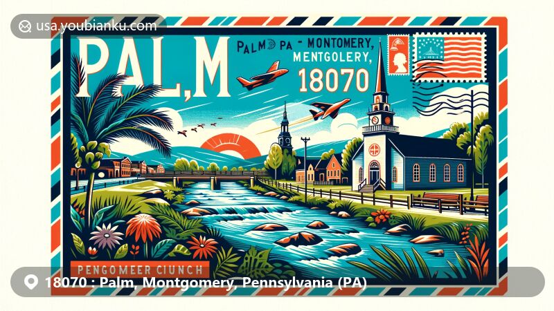 Modern illustration of Palm, Montgomery County, Pennsylvania, showcasing postal theme with ZIP code 18070, featuring Perkiomen Creek and Palm Schwenkfelder Church.