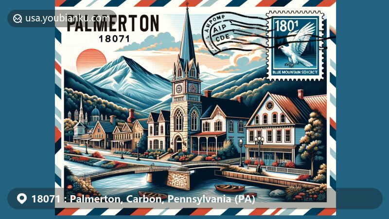 Modern illustration of Palmerton, Carbon County, Pennsylvania, representing historic district with Colonial Revival and Tudor Revival architecture, including St. John's Episcopal Church and Stephen S. Palmer School, set against scenic Pocono Mountains backdrop, featuring airmail envelope depicting ZIP code 18071, showcasing postcard of local landscape and vintage postage stamp of Blue Mountain Resort.
