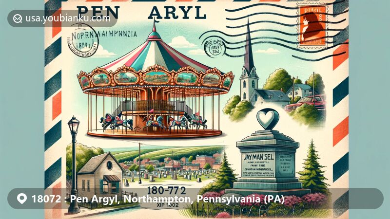 Modern illustration of Pen Argyl, Northampton County, Pennsylvania, featuring Weona Park Dentzel carousel, Jayne Mansfield's heart-shaped gravestone, vintage postcard style with ZIP code 18072, and a postal theme.