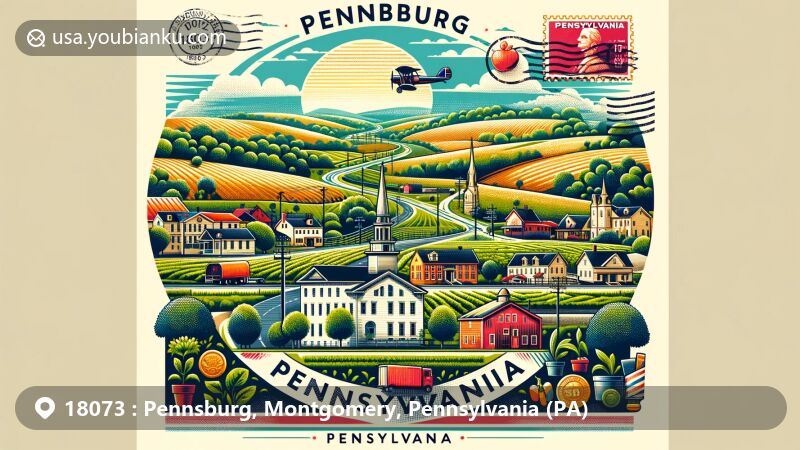 Modern illustration of Pennsburg, Pennsylvania, showcasing rolling hills, farmlands, vintage air mail elements with ZIP code 18073, Pennsylvania state flag, and historical buildings.