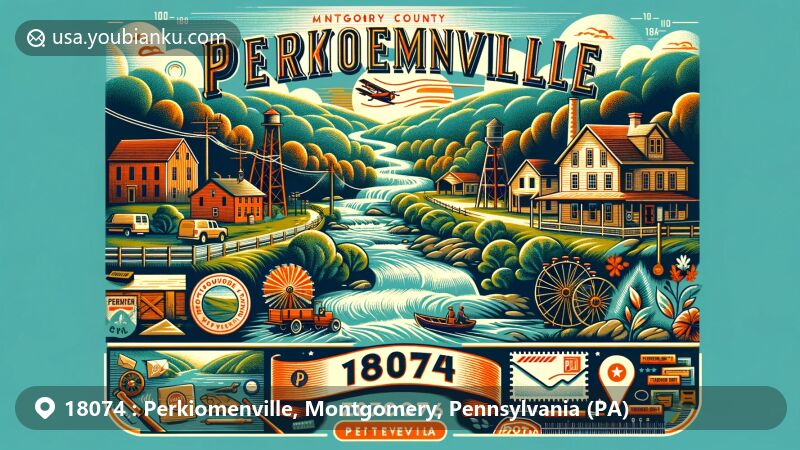Modern illustration of Perkiomenville, Montgomery County, Pennsylvania, featuring Perkiomen Creek, historical landmarks, and scenic landscapes, with postal theme and ZIP code 18074.