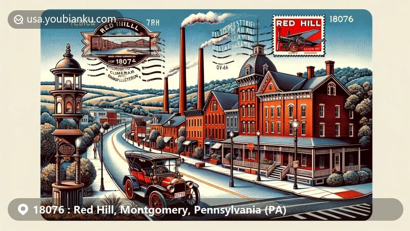 Modern illustration of Red Hill, Pennsylvania, showcasing historic Main Street with brick homes and factories, highlighting town's past significance in cigar manufacturing and evolution from 19th-century turnpike village to manufacturing hub.