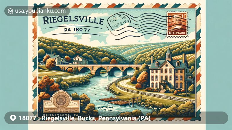 Modern illustration of Riegelsville, Pennsylvania, with ZIP code 18077, featuring Riegelsville Bridge, Benjamin Riegel House, and Bucks County landscape. Vintage postcard design with postal elements brings charm to the rich mill town heritage.