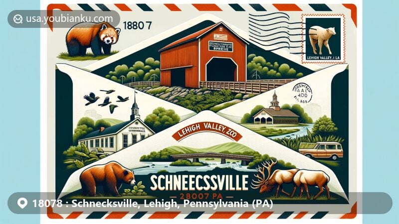 Modern illustration of Schnecksville, PA, blending Lehigh Valley Zoo with Trexler Nature Preserve in a postal theme, featuring Schlicher Covered Bridge and state flag, highlighting ZIP code 18078.