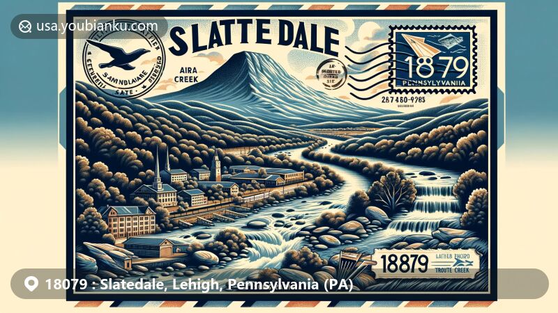 Modern illustration of Slatedale, Lehigh County, Pennsylvania, featuring Blue Mountain and Trout Creek, vintage postcard design with airmail border, Pennsylvania state flag stamp, and ZIP code 18079 postmark.