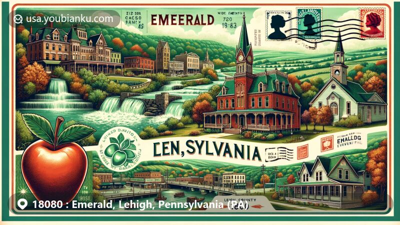Modern illustration of Emerald area in Lehigh County, Pennsylvania, showcasing historic Slatington District architectural styles and Emerald Cider Mill, with Lehigh Valley landscape and postal theme featuring ZIP code 18080.