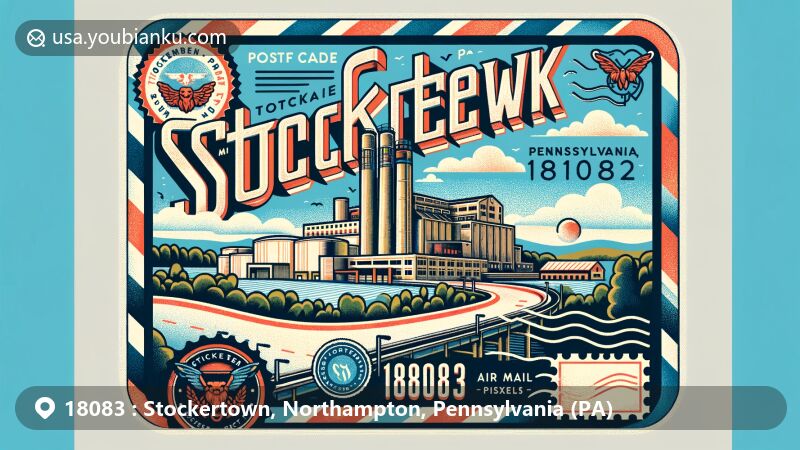 Modern illustration of Stockertown, Northampton County, Pennsylvania, highlighting postal theme with ZIP code 18083, featuring Hercules Cement plant and vintage postcard elements.