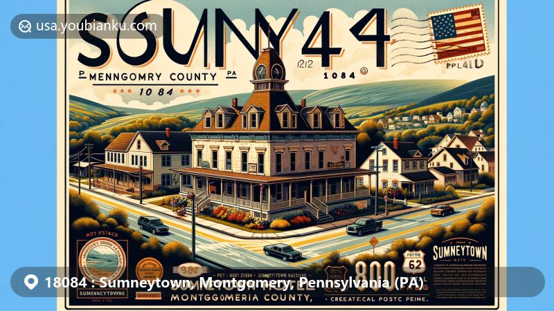 Modern illustration of Sumneytown, Montgomery County, Pennsylvania, showcasing postal theme with ZIP code 18084, featuring historic Sumneytown Hotel and Francis Kaufman House.
