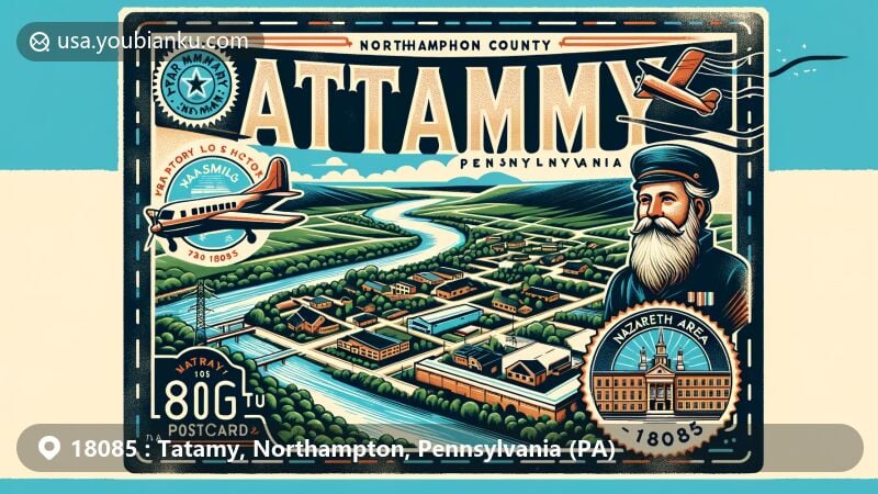 Modern illustration of Tatamy, Northampton County, Pennsylvania, highlighting Bushkill Creek and vintage postal theme with '18085' ZIP code, featuring Nazareth Area School District and Moses Tatamy stamp.