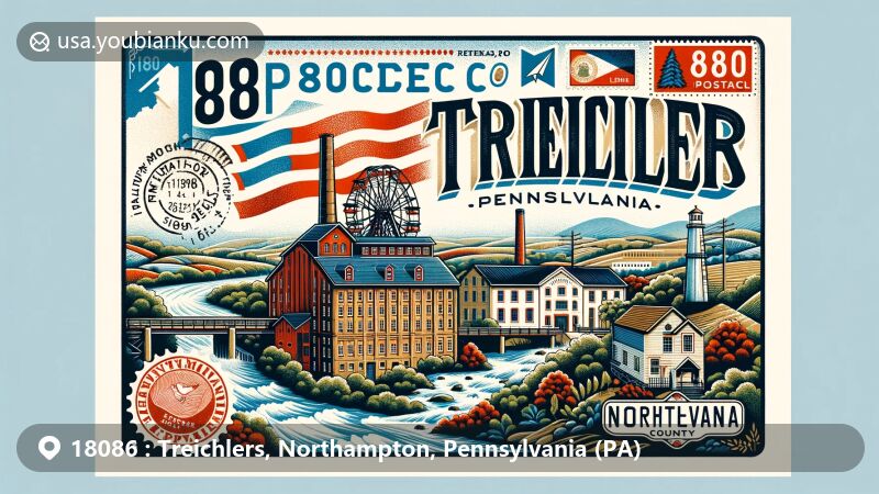 Modern illustration of Treichlers, Pennsylvania, highlighting postal theme with ZIP code 18086, showcasing Mauser Mill, Lehigh River, vintage postcard layout, stamps, and postal mark.