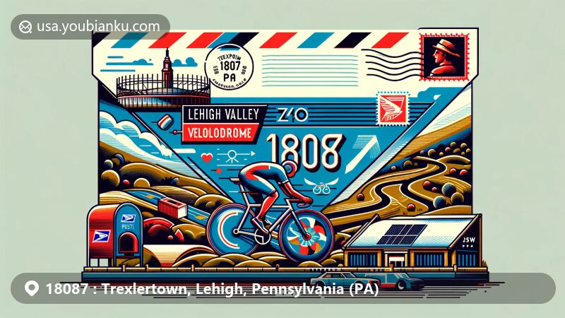Modern illustration of Trexlertown, Lehigh, Pennsylvania, highlighting Lehigh Valley Velodrome and cycling culture, featuring airmail envelope with ZIP code 18087, stamps, postmark, and postal elements.