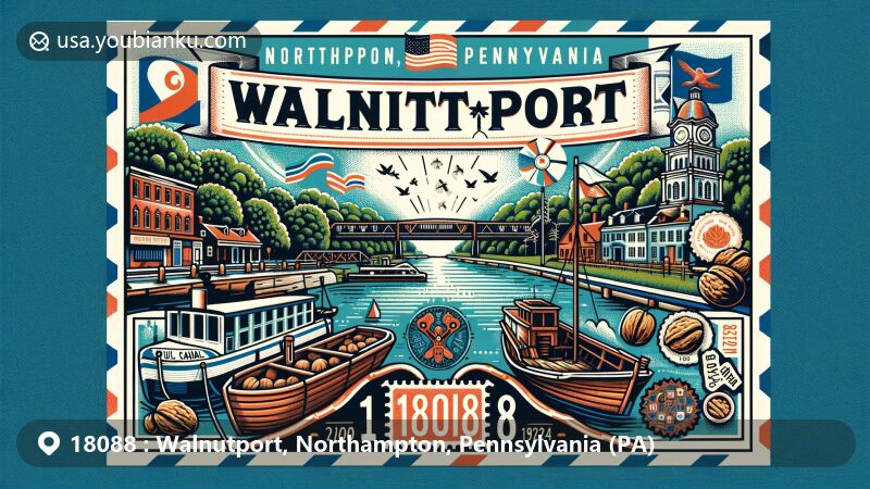 Modern illustration of Walnutport, Northampton, Pennsylvania, showcasing postal theme with ZIP code 18088, featuring the Lehigh Canal, walnut trees, Pennsylvania state flag, and postal symbols.