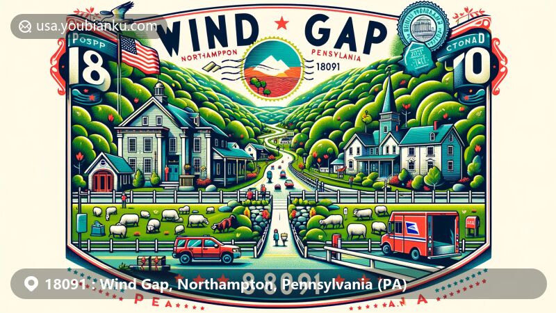 Modern illustration of Wind Gap, Northampton County, Pennsylvania, highlighting ZIP code 18091 and the area's Gateway to the Poconos role, featuring small-town charm, green landscapes, Appalachian Trail, vintage postal elements, sheepherding origins, textiles and slate industries, and Pennsylvania state flag.