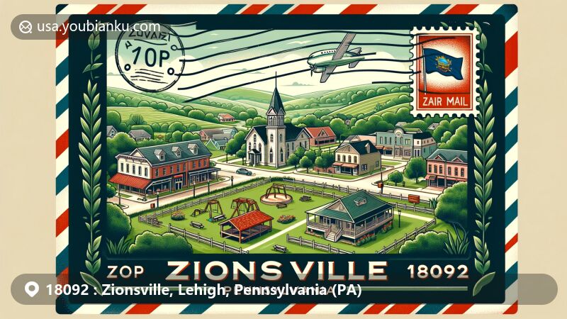 Modern illustration of Zionsville, Pennsylvania, showcasing the serene and welcoming vibe of the area with lush greenery, rolling hills, and quaint downtown, highlighting Lenape Park with its playground, ball field, and community atmosphere, and featuring Pennsylvania state symbols.