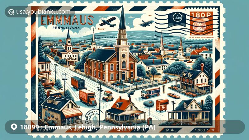 Modern illustration of Emmaus, Lehigh County, Pennsylvania, infused with Moravian heritage and postal theme for ZIP code 18099, featuring landmarks like the Moravian Church, historic downtown, and the 1803 House.