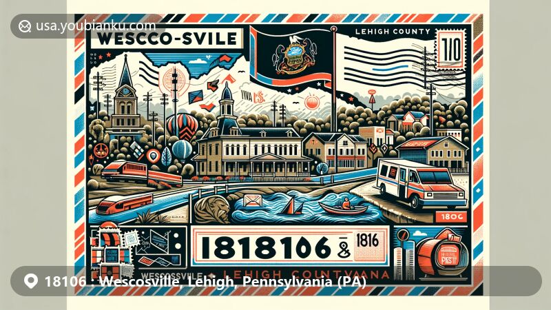 Modern illustration of Wescosville, Lehigh County, PA, featuring Pennsylvania state flag, Lehigh County outline, Hamilton Boulevard, Dorney Park & Wildwater Kingdom, and postal elements like postcard shape, stamps, postmark, and mailbox or mail truck.