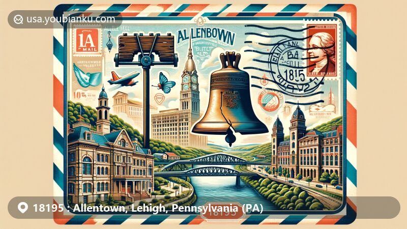 Modern illustration of Allentown, Pennsylvania, showcasing Moravian Bethlehem district, Liberty Bell Museum, PPL Building, Bethlehem Steel stacks, Hoover Mason Trestle, all with postal theme including Liberty Bell stamp and ZIP code 18195.