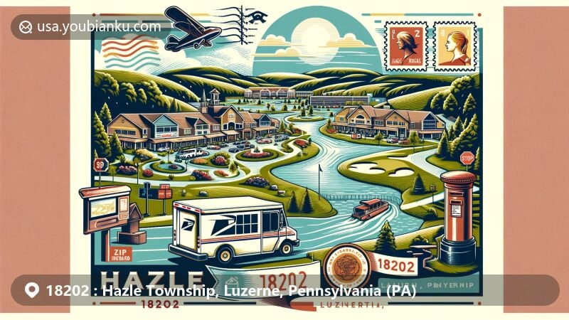 Modern illustration of Hazle Township, Luzerne County, Pennsylvania, showcasing postal theme with ZIP code 18202, featuring Laurel Mall, Eagle Rock Resort, Susquehanna and Lehigh Rivers.