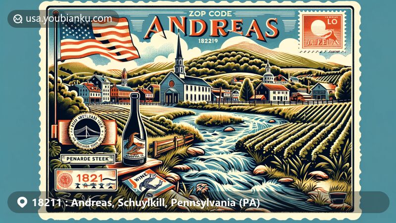 Modern illustration of Andreas, Pennsylvania, showcasing geographic and cultural richness with Blue Mountain and Lizard Creek, featuring natural beauty of rolling hills and forests, hinting at local wine culture and Galen Glen Winery, highlighting inclusion in Lehigh Valley Wine Trail.