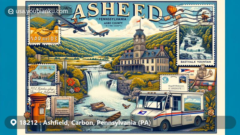 Modern illustration of Ashfield, Pennsylvania in Carbon County, featuring Buttermilk Falls, Asa Packer Mansion, and creative postal theme with ZIP code 18212, showcasing natural beauty and Pennsylvania state symbols.