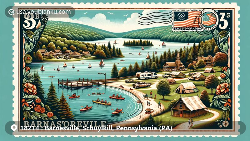 Modern illustration of Tuscarora State Park and Lakewood Park Campground in Barnesville, Pennsylvania, featuring a serene lake with kayaks and paddle boats, a family-friendly camping experience with tents, RVs, and luxury cabins, and a vintage-style postcard border with Pennsylvania state flag stamp and Barnesville postmark.
