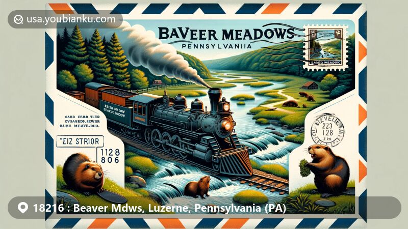 Modern illustration of Beaver Meadows, Pennsylvania, featuring airmail envelope design with vintage steam locomotive from Beaver Meadow Railroad, lush greenery, and beavers at work, symbolizing town's history and natural environment.