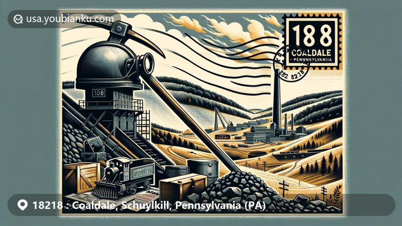 Modern illustration of Coaldale, Pennsylvania, showcasing coal mining heritage with No. 8 Colliery, coal miner's helmet, pickaxe, and hilly landscape, integrating postal elements like antique stamp and envelope, in a web-friendly style.