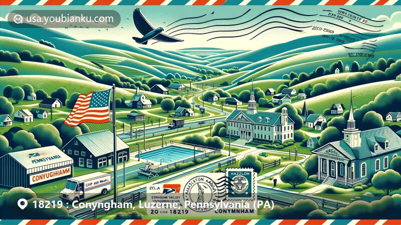 Modern illustration of Conyngham, Pennsylvania, celebrating ZIP code 18219, highlighting rolling hills and lush landscapes, with air mail envelope theme featuring postage stamp, postmark, and postal truck.